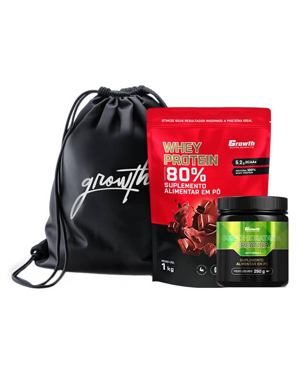Kit whey protein concentrado 1kg, creatina monohidratada 250g, sacola tipo mochila preta