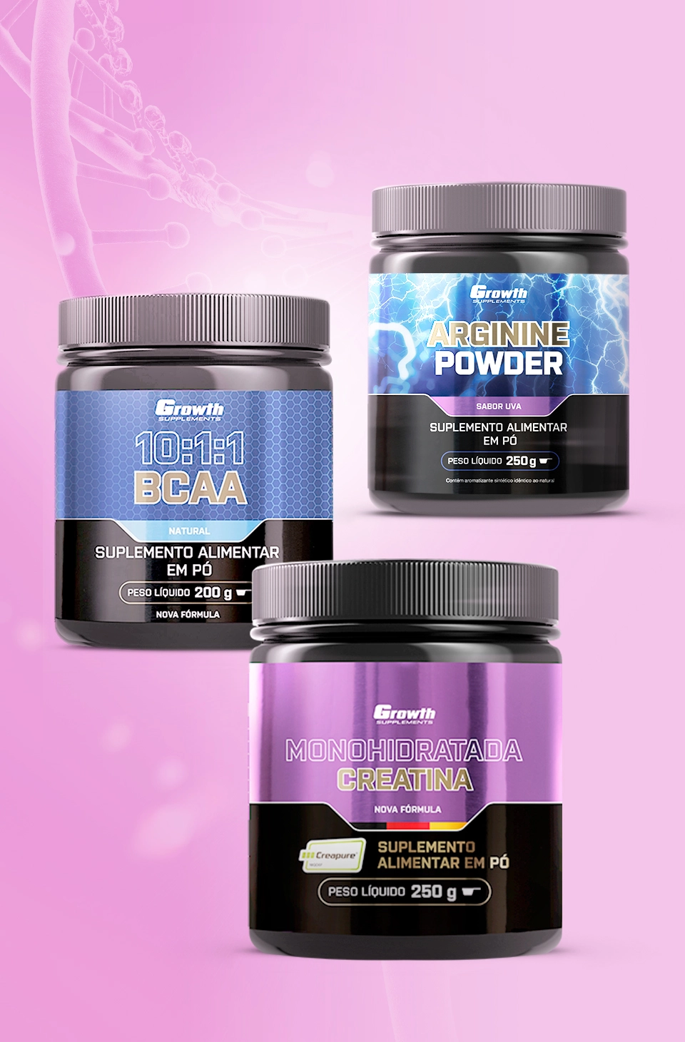 Arginine Powder Sabor uva, BCAA 10:1:1 sabor natural e Creatina Creapure 250g da Growth Supplements