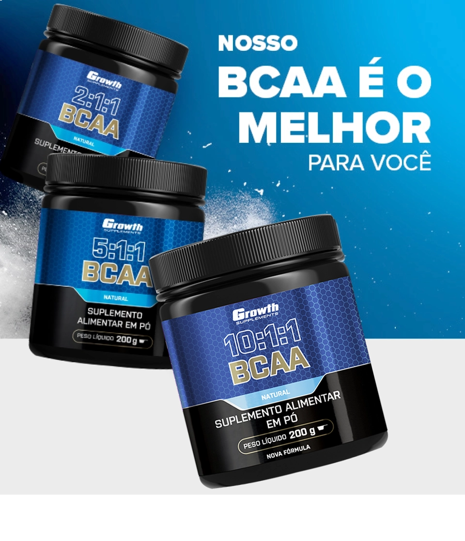 3 embalagens de BCAA em pó da Growth Supplements em castaca (2:1:1, 5:1:1 e 10:1:1)