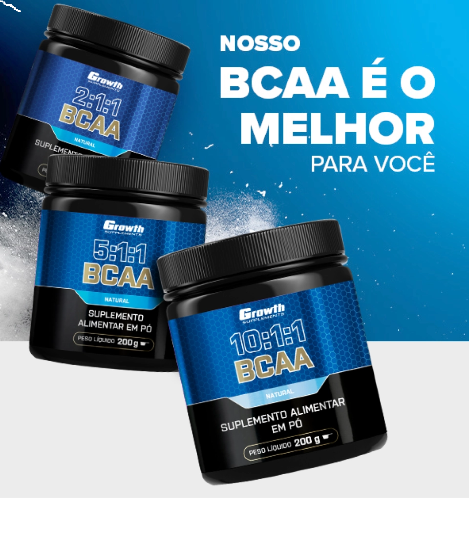 3 embalagens de BCAA em pó da Growth Supplements em castaca (2:1:1, 5:1:1 e 10:1:1)