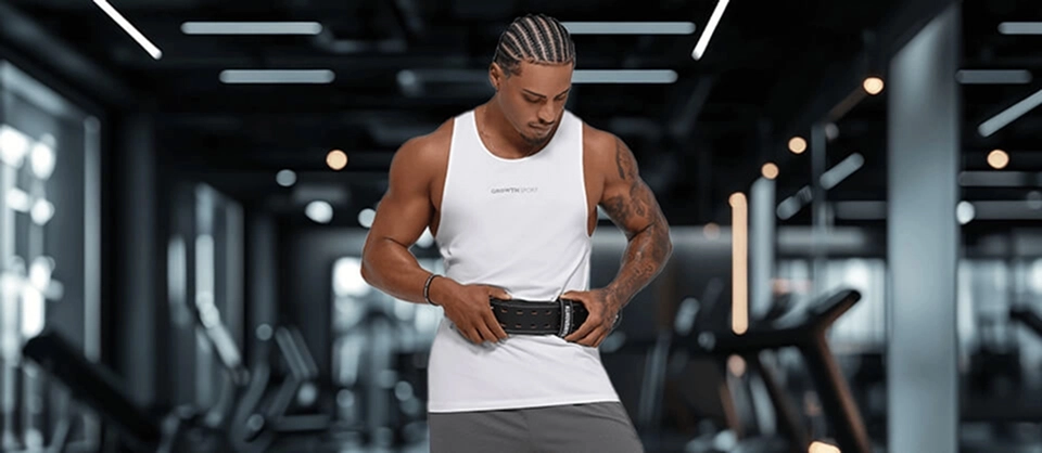 Atleta Growth ajustando o cinturão na academia