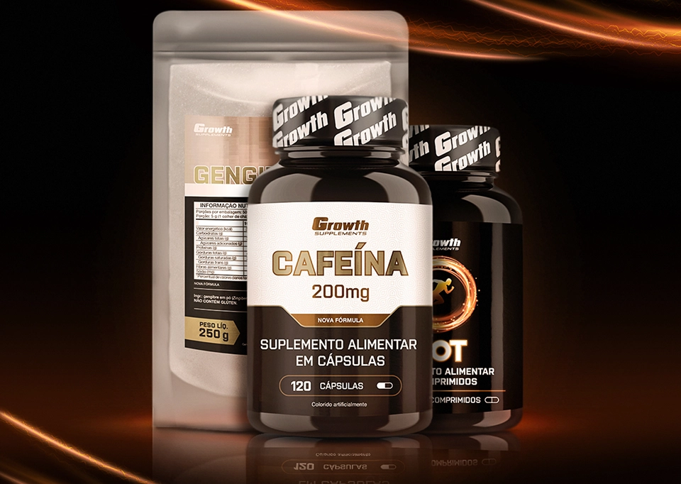 Cafeina 200ml 120 capsulas, Hot 60 comprimidos e Gengibre 250g Growth Suplementos