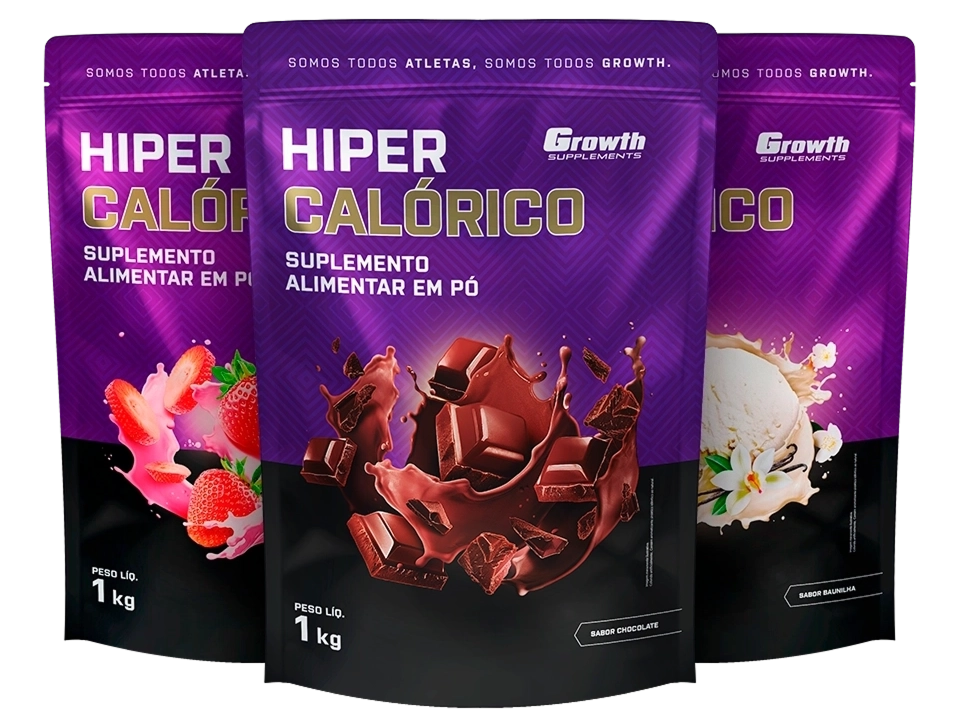 Três embalagens dos três sabores de hipercalórico - Growth Supplements