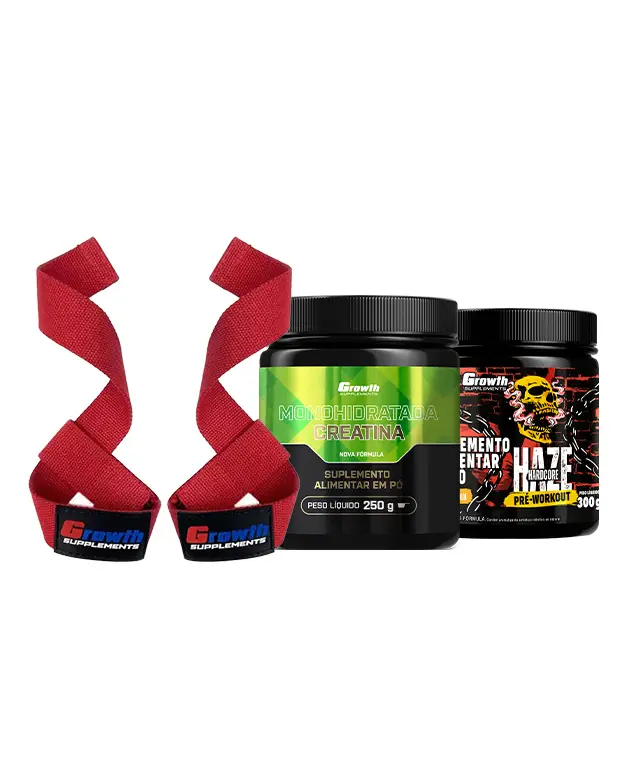 Kit Pré-Treino Haze 300g, Creatina Monohidratada 250g, Fita Strap Vermelha