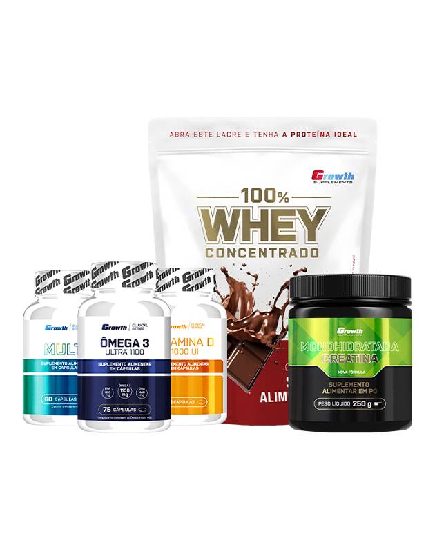 Kit Rotina Completa - 100% Whey Protein Concentrado (900g) + Creatina Monohidratada (250g) + Multivitamínico (60caps) + Ômega 3 + Vitamina D