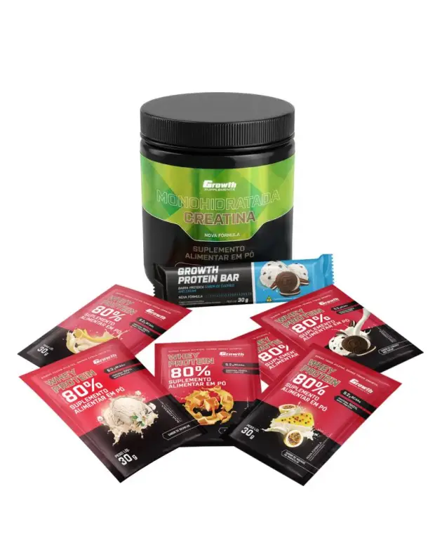 Kit sabores: barra de proteína 30g display c/ 12 un + creatina monohidratada 250gr + dose 30gr whey protein concentrado 80% - chocolate c/ amendoim + banana + caramelo + mousse de maracujá + cookies + baunilha