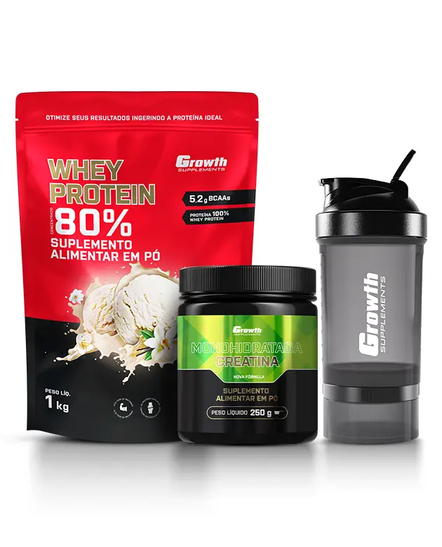 Kit Whey Protein Concentrado 1kg, Creatina Monohidratada 250g, Coqueteleira 3 compartimentos