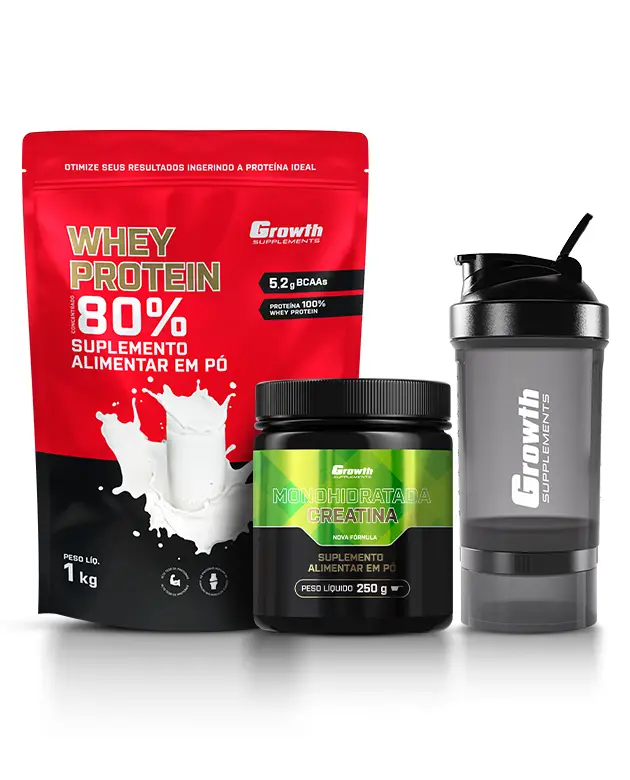 Kit Whey Protein Concentrado 1kg, Creatina Monohidratada 250g, Coqueteleira 3 compartimentos