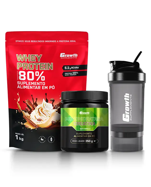 Kit Whey Protein Concentrado 1kg, Creatina Monohidratada 250g, Coqueteleira 3 compartimentos
