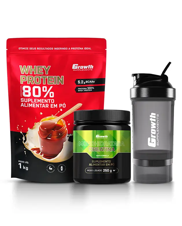 Kit Whey Protein Concentrado 1kg, Creatina Monohidratada 250g, Coqueteleira 3 compartimentos