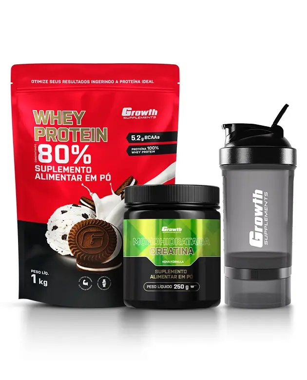 Kit Whey Protein Concentrado 1kg, Creatina Monohidratada 250g, Coqueteleira 3 compartimentos