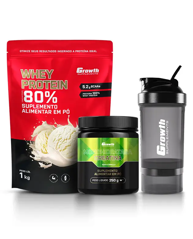 Kit Whey Protein Concentrado 1kg, Creatina Monohidratada 250g, Coqueteleira 3 compartimentos