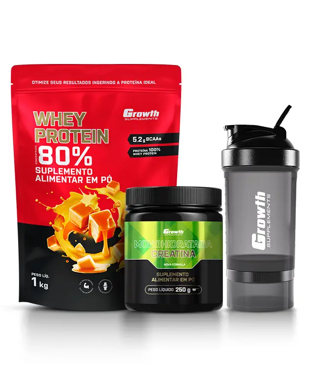 Kit Whey Protein Concentrado 1kg, Creatina Monohidratada 250g, Coqueteleira 3 compartimentos
