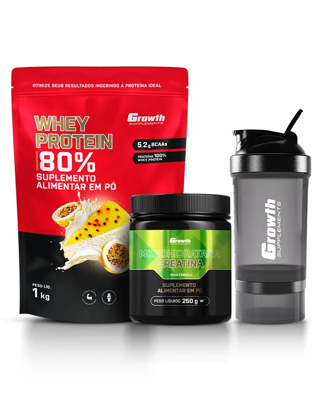 Kit Whey Protein Concentrado 1kg, Creatina Monohidratada 250g, Coqueteleira 3 compartimentos