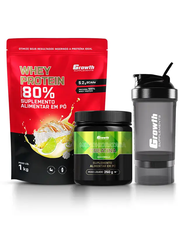 Kit Whey Protein Concentrado 1kg, Creatina Monohidratada 250g, Coqueteleira 3 compartimentos