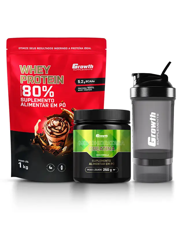 Kit Whey Protein Concentrado 1kg, Creatina Monohidratada 250g, Coqueteleira 3 compartimentos