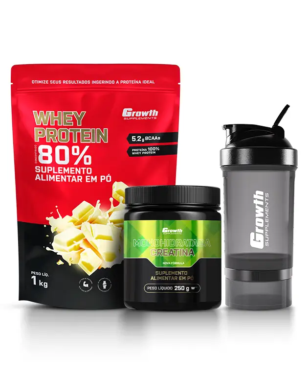 Kit Whey Protein Concentrado 1kg, Creatina Monohidratada 250g, Coqueteleira 3 compartimentos