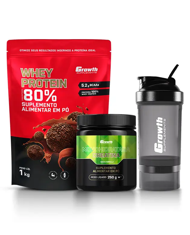 Kit Whey Protein Concentrado 1kg, Creatina Monohidratada 250g, Coqueteleira 3 compartimentos
