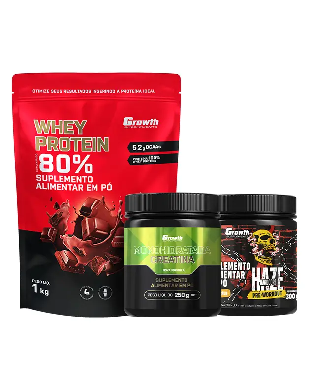 Kit whey protein concentrado 1kg, creatina monohidratada 250g e pré-treino haze laranja 300g