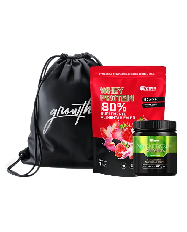Kit Whey Protein Concentrado 1kg, Creatina Monohidratada 250g, Sacola tipo mochila preta