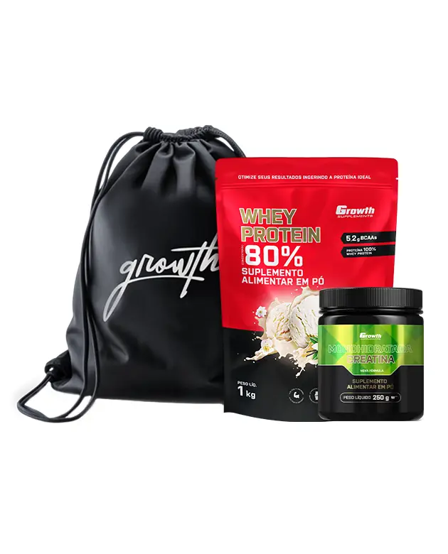 Kit Whey Protein Concentrado 1kg, Creatina Monohidratada 250g, Sacola tipo mochila preta