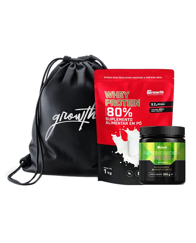 Kit Whey Protein Concentrado 1kg, Creatina Monohidratada 250g, Sacola tipo mochila preta