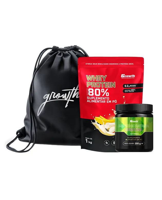 Kit Whey Protein Concentrado 1kg, Creatina Monohidratada 250g, Sacola tipo mochila preta