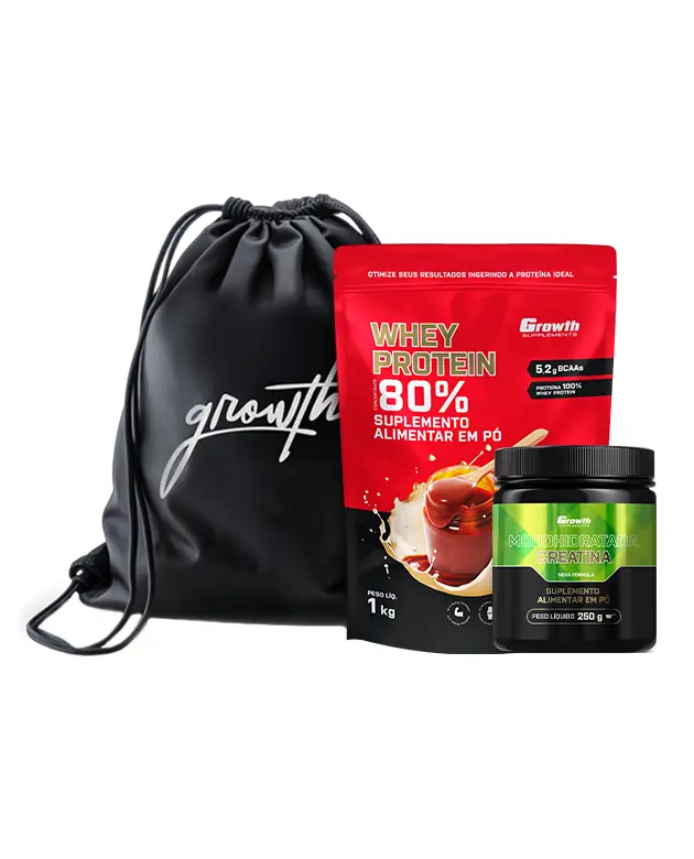 Kit Whey Protein Concentrado 1kg, Creatina Monohidratada 250g, Sacola tipo mochila preta