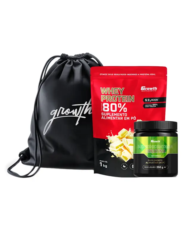 Kit Whey Protein Concentrado 1kg, Creatina Monohidratada 250g, Sacola tipo mochila preta