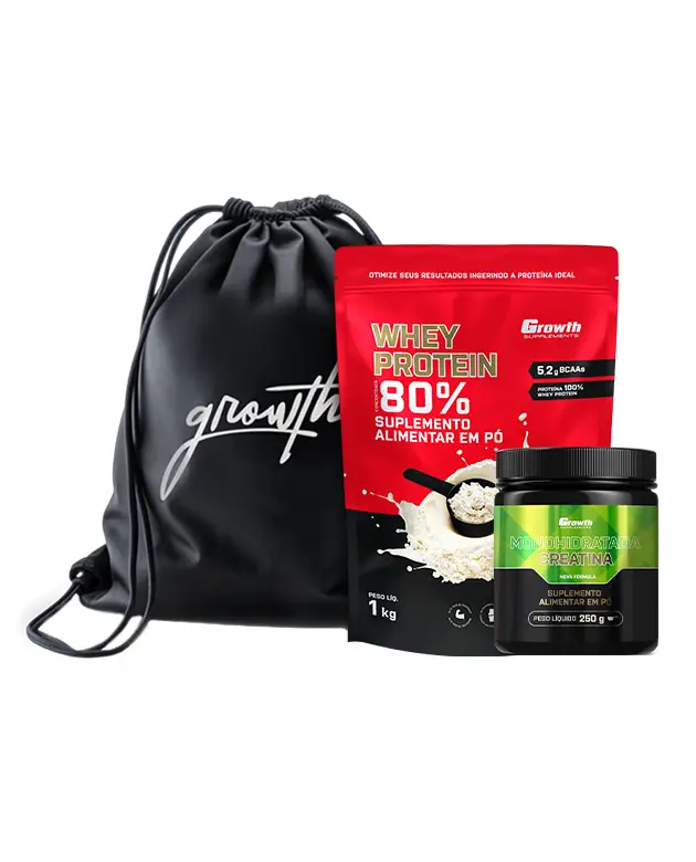 Kit Whey Protein Concentrado 1kg, Creatina Monohidratada 250g, Sacola tipo mochila preta