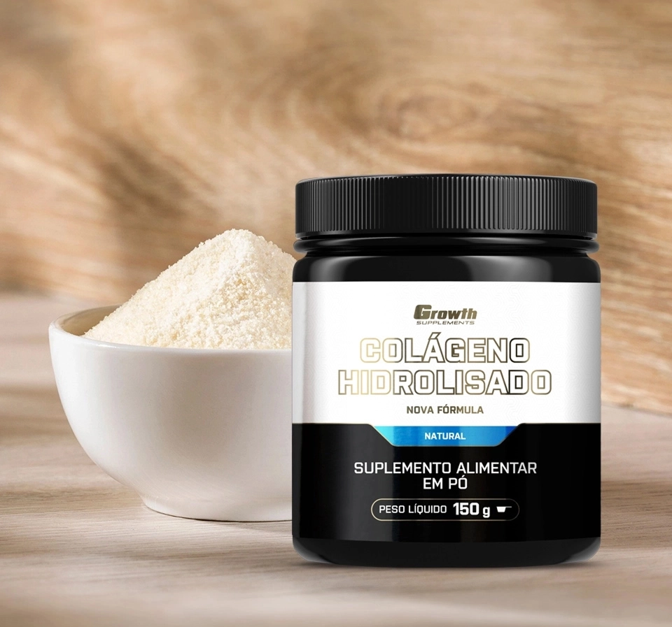 Growth Supplements - IMAGEM ILUSTRATIVA COLÁGENO HIDROLISADO AO LADO DE UM POTE BRANCO