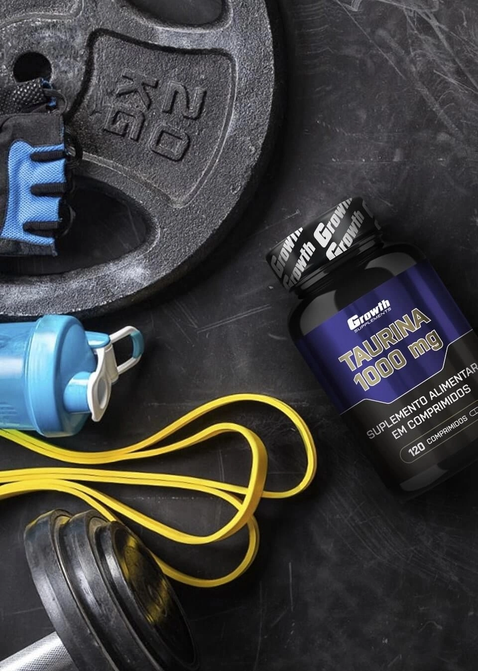 GROWTH SUPPLEMENTS - Embalagem de Taurina com itens de academia