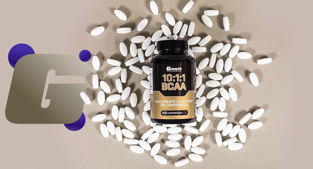 BCAA 10:1:1 - 120 COMPRIMIDOS no centro, com comprimidos ao redor