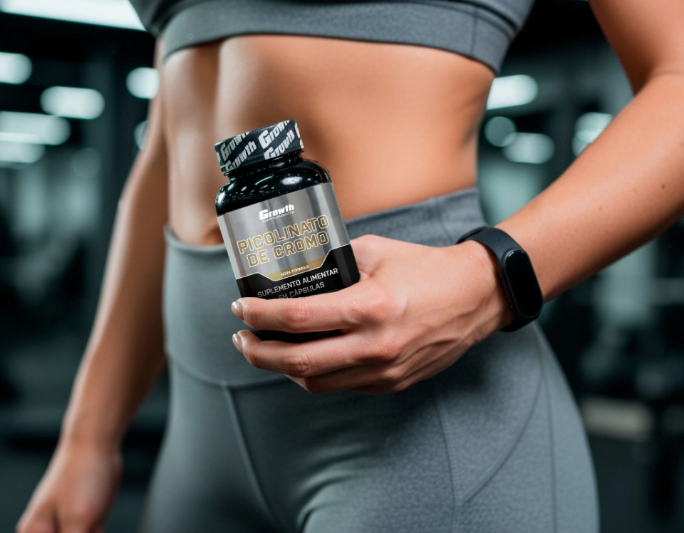 GROWTH SUPPLEMENTS - MULHER SEGURANDO A EMBALAGEM DO PICOLINATO DE CROMO 120CAPS