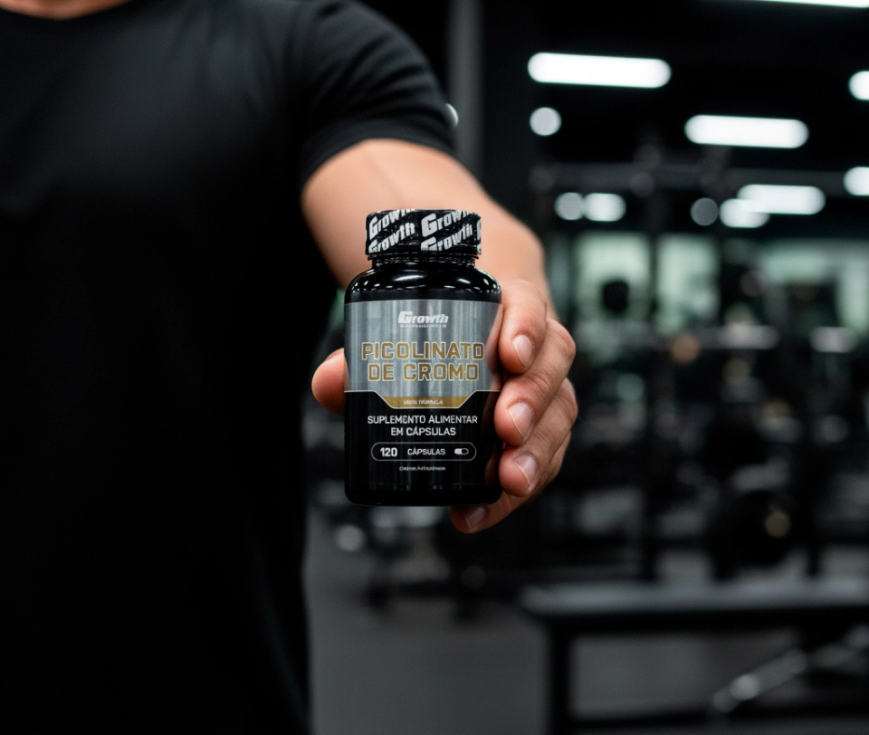 GROWTH SUPPLEMENTS - HOMEM SEGURANDO A EMBALAGEM DO PICOLINATO DE CROMO 120CAPS