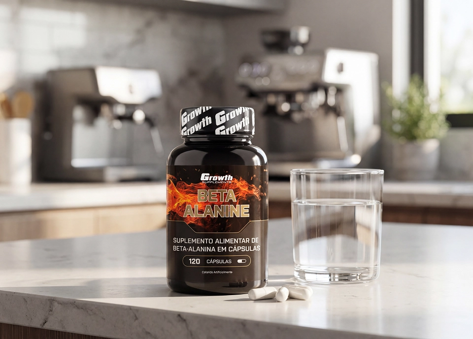 GROWTH SUPPLEMENTS - Embalagem de Beta Alanine em cima de um balcão, ao lado de um copo de água e cápsulas