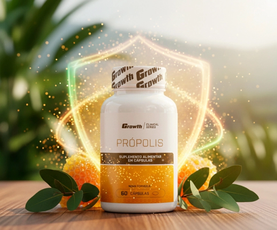 Growth Supplements - Imagem própolis em cima de uma mesa com um escudo brilhante ao redor e laranjas