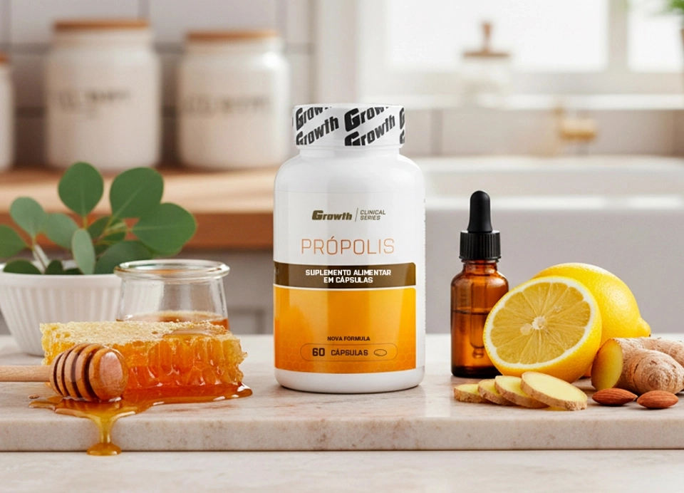 Growth Supplements - Imagem própolis em cima de uma mesa com mel e laranjas ao redor