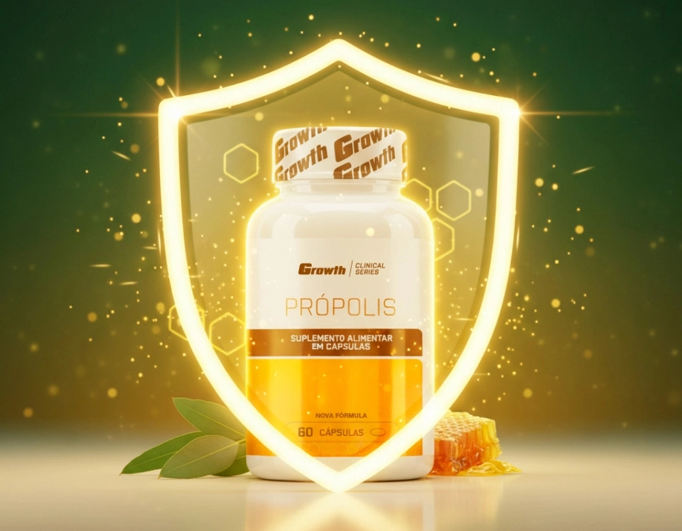 Growth Supplements -Própolis em um fundo verde com um escudo brilhante em volta