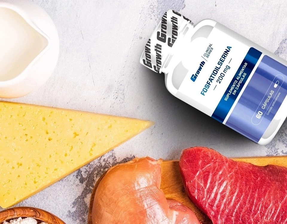 Embalagem de fosfatidilserina ao lado de alimentos como carne, ovos e laticínios