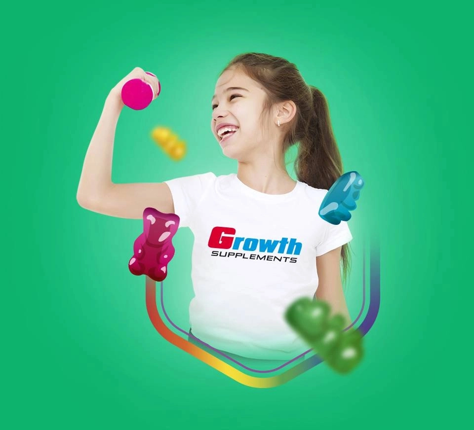 GROWTH SUPPLEMENTS - Imagem ilustrativa criança sorrrindo ao redor de ursos de goma
