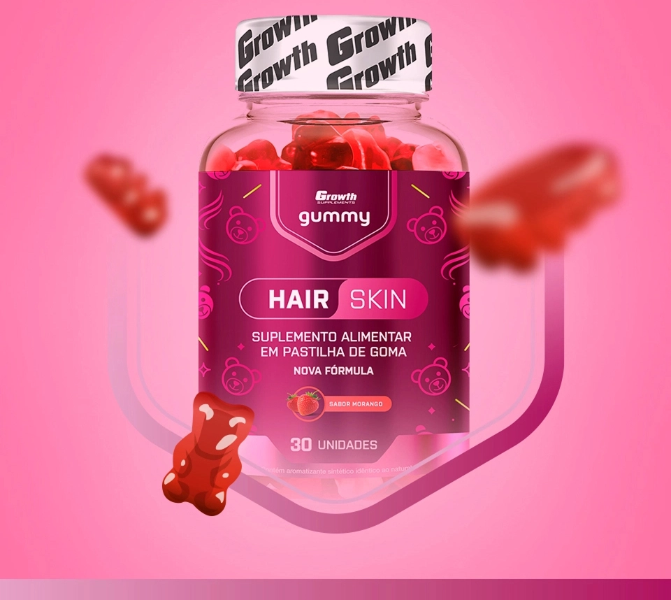GROWTH SUPPLEMENTS - Imagem ilustrativa Gummy hair & skin em um fundo rosa