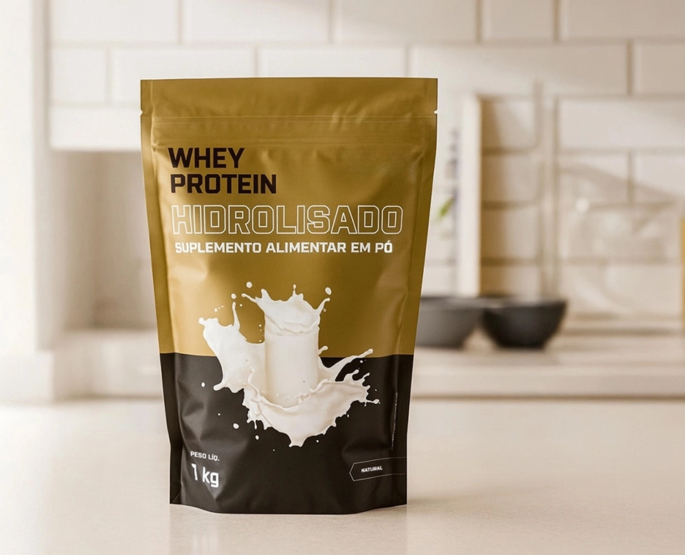 GROWTH SUPPLEMENTS - Embalagem de Whey Protein Hidrolisado em balcão de cozinha