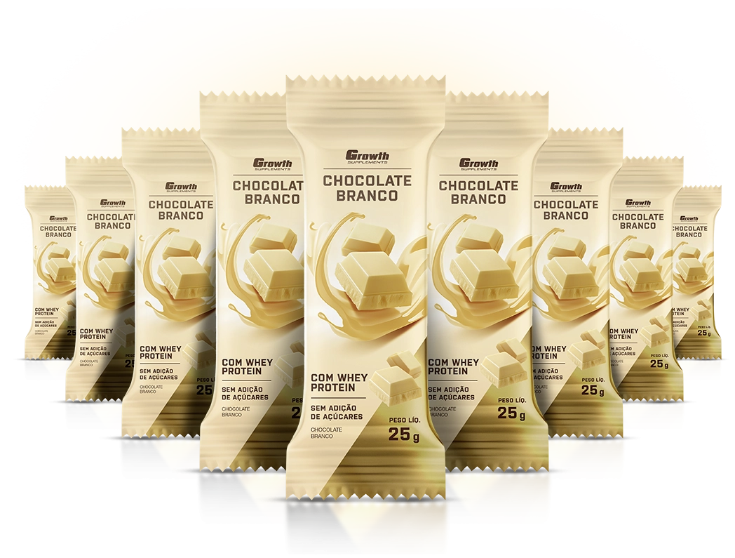 9 unidades de chocolate Growth Supplements em pé um ao lado do outro