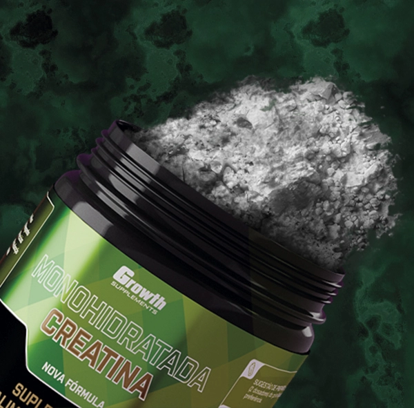 Creatina Monohidratada Growth Suplementos, com a tampa aberta espalhando o pó.