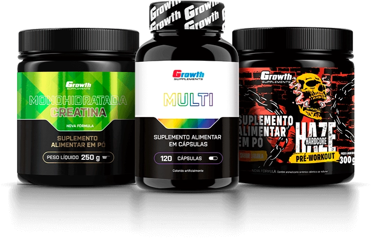 Foto do produto KIT CREATINA MONOHIDRATADA 250G, MULTIVITAMÍNICO 120 CAPS E PRÉ-TREINO HAZE 300G - GROWTH SUPPLEMENTS