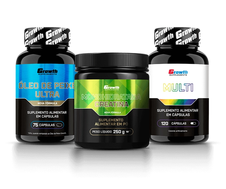 Foto do produto KIT CREATINA MONOHIDRATADA 250G, MULTIVITAMÍNICO 120 CAPS E ÓLEO DE PEIXE ULTRA 75 CAPS - GROWTH SUPPLEMENTS