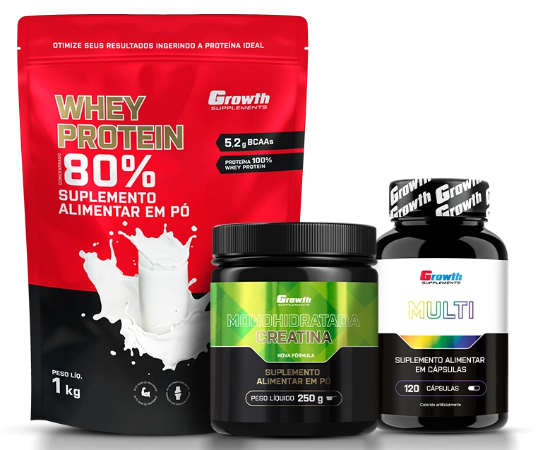 Foto do produto KIT WHEY PROTEIN CONCENTRADO 1KG, CREATINA MONOHIDRATADA 250G E MULTIVITAMÍNICO 120 CAPS		