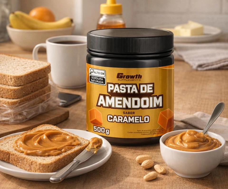 Growth Supplements - Imagem pasta de amendoim com mesa de café da manhã ao redors