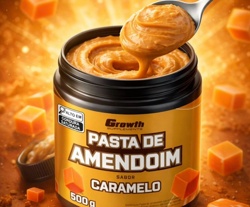 Growth Supplements - Imagem pasta de amendoim com colher por cima pegando, com caramelos ao redor